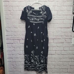 Loungees Floral Boho Muumuu Patio Dress Size M Dark Midnight Blue Pockets Cotton